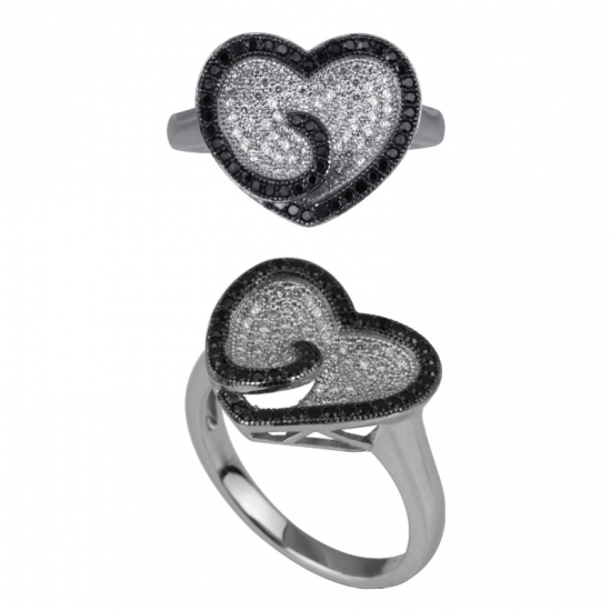بالوعة شكل قلب خاتم مايكرو تمهيد الإعداد الأسود مطلي والروديوم مطلي تشيكوسلوفاكيا خاتم الفضة