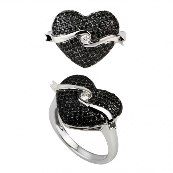 أسود شكل قلب خاتم مع الأبيض مدي الحرير إعداد مركز الحجر اثنين من النغمات خاتم الفضة
